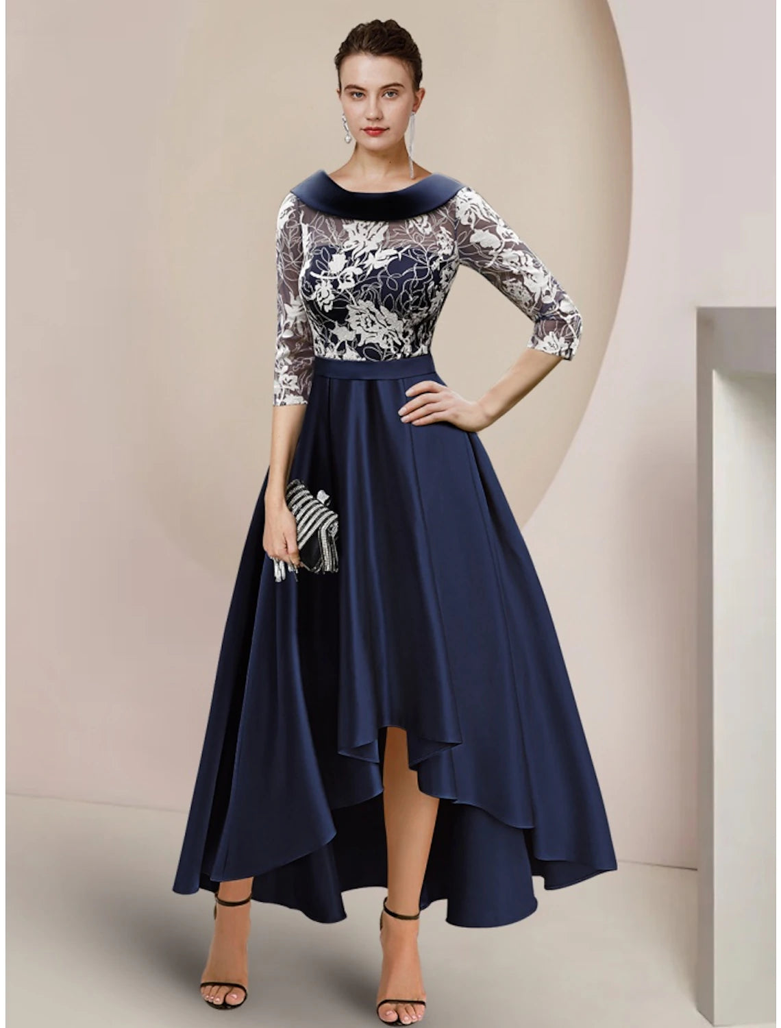 Wholesale A-Line Mother of the Bride Dress Wedding Guest Elegant Scoop Neck Asymmetrical Ankle Length Satin Lace Half Sleeve with Ruching